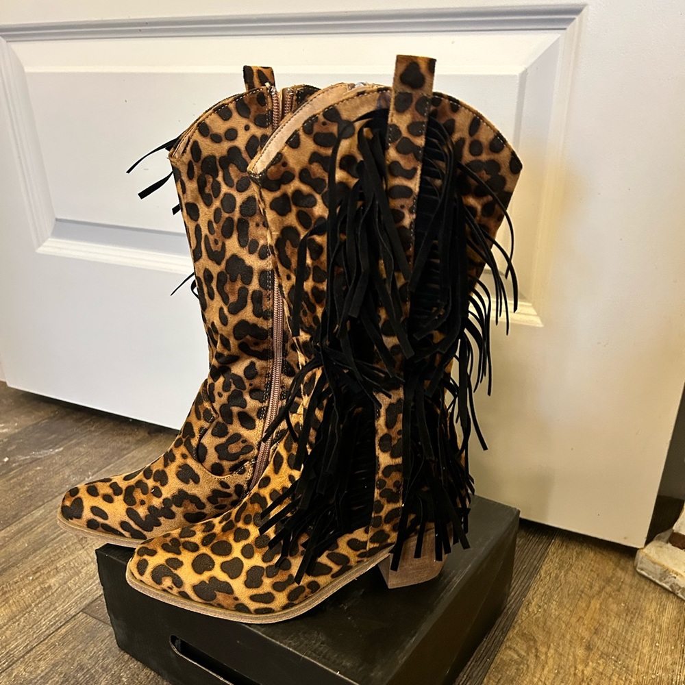 Leopard Print Fringe Cowboy Boots